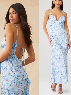 For Love and Lemons Huda Blue Floral Slip Maxi Dress with Tie Back